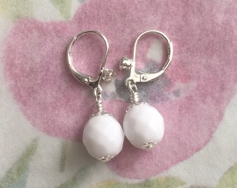 Ea-187 Earrings. White and Silver Earrings. Opaque White faceted Czech fire polished glass beaded earrings. Silver findings. Free shipping.