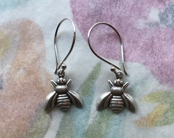 Ea-211 Bee-Earrings. Matte-Silver Bee Earrings. Free Shipping.