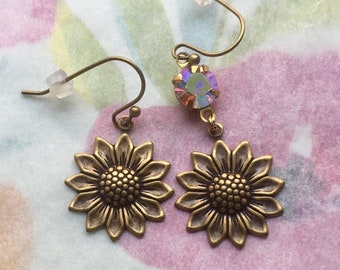 Ea-171 Daisy Earrings. Brass Daisy Stamping Charms. With or without pink faceted set stone connectors. Garden Earrings. Free Ship.
