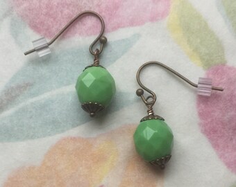 Ea-157 Green Earrings. Apple Green Earrings. Opaque Green Czech Fire Polished Glass Beaded Earrings. Free Shipping.