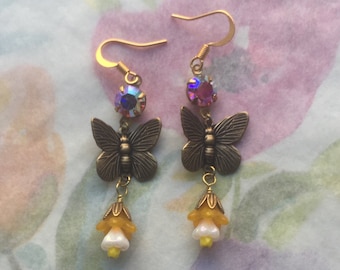 Ea-192 Butterfly floral earrings. Butterfly dangles. Summer flower and butterfly earbobs. Brass butterfly dangles. Cz baby bells. Free ship.