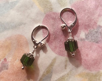 Ea-242 Green and Silver Earrings. Emerald Green Cathedral glass beads. Free shipping.