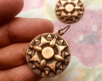 Ea-225 Earrings. Compass earrings. Brass compass stampings Lightweight earrings. Directional earrings. North-South-East-West. Free shipping.