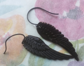 Earrings Black Angel Wing Dangles of Darkened Brass Stampings Gothic Style FallenAngelBrass