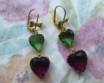 Ea-206 Earrings. Heart Earrings. Green and Purple Heart Earrings. Free Shipping.