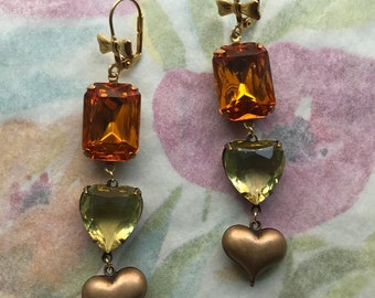 Ea-204 Large Earrings. Valentine earrings. Heart earrings. Orange and pale yellow set stones. Choice of earring findings. Free Shipping.