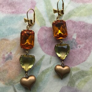 Ea-204 Large Earrings. Valentine earrings. Heart earrings. Orange and pale yellow set stones. Choice of earring findings. Free Shipping.