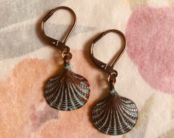 Ea-234 Sea Shell Earrings. Copper Shell Charm with Verdi-Gris Patina (green patina). Free Shipping.