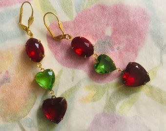 Ea-222  Earrings. Dangle earrings. Oval and heart shaped set stones in red, green and dark punk. Free shipping.