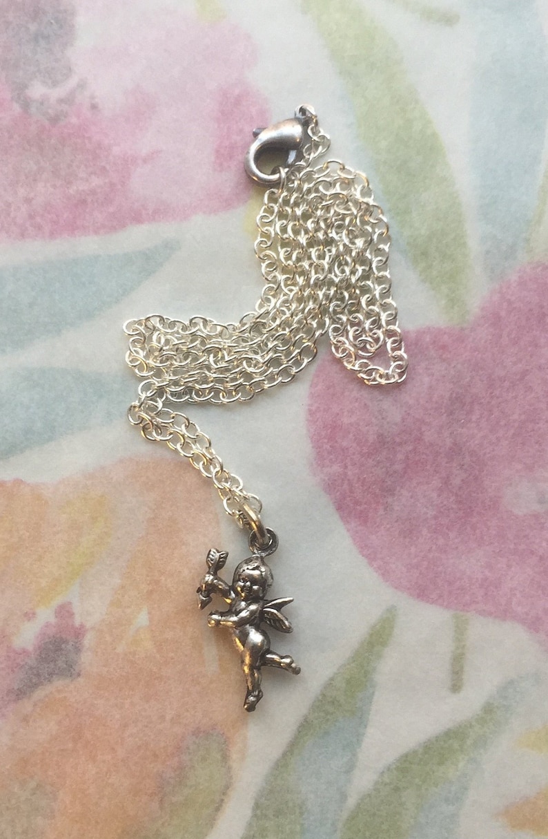 Silver Double-sided cupid Length 16 inches Lobster claw clasp Free Shipping. Cherub Pendant Chain Necklace Ne-26 Simple Silver Cupid