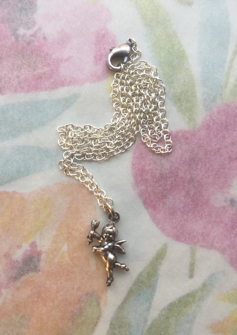 Silver Double-sided cupid Length 16 inches Lobster claw clasp Free Shipping. Cherub Pendant Chain Necklace Ne-26 Simple Silver Cupid
