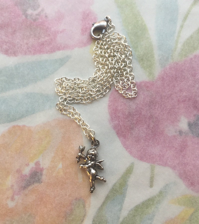 Silver Double-sided cupid Length 16 inches Lobster claw clasp Free Shipping. Cherub Pendant Chain Necklace Ne-26 Simple Silver Cupid