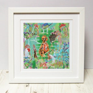 May include: A framed print of a colorful abstract painting featuring a group of roosters in various poses. The roosters are painted in shades of orange, red, blue, green, and white against a green and blue background.