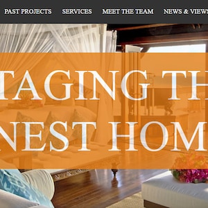 May include: A large, bright orange banner with white text that reads "STAGING THE FINEST HOMES" in a modern, sans-serif font. The banner is placed over a photo of a luxurious, modern home interior with large windows and a view of the sea.