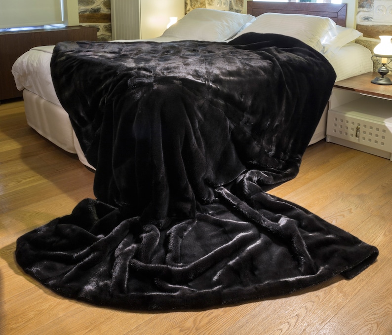 Real Genuine Mink Fur Blanket in pure Black color beautiful Etsy