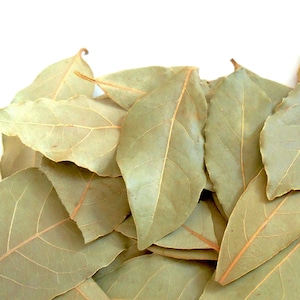 Puede incluir: Primer plano de un montón de hojas de laurel secas. Las hojas son de color verde apagado con vetas visibles y una superficie ligeramente texturizada. Las hojas se superponen, creando una disposición densa sobre un fondo blanco. Estas hojas aromáticas se utilizan en la cocina.