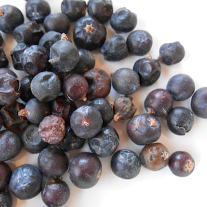 Puede incluir: Primer plano de bayas de enebro secas, de color azul-púrpura intenso. Las bayas son redondas y ligeramente arrugadas, con pequeños tallos de color marrón claro. Se encuentran sobre una superficie blanca, mostrando su textura y color naturales.