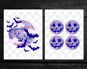 Disco Halloween Digital Prints | Spooky Disco Ball with Bats | Retro Jack-O'-Lantern Art | Printable Halloween Wall Decor