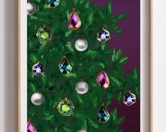 Vintage Jeweled Christmas Tree Digital Art | Gemstone Ornaments | Jewelry Tree Art | Printable Christmas Decor | Fancy Purple Christmas