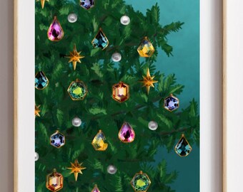 Vintage Jeweled Christmas Tree Digital Art | Green Teal Holiday Decor | Gemstone Ornaments | Jewelry Tree Art | Printable Christmas Decor