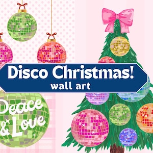 Disco Weihnachten Wand Kunst Digitaler Download | Retro Urlaub Dekor | Disco Ball Ornamente | Peace & Love Weihnachten Weihnachten PNG Download