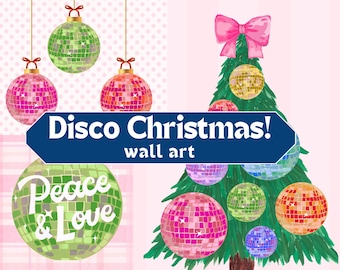 Disco Christmas Wall Art Digital Download | Retro Holiday Decor | Disco Ball Ornaments | Peace & Love Christmas Christmas PNG Download