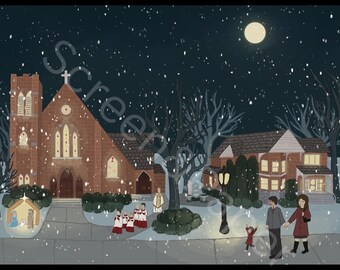 Traditional Christmas Church Scene Digital Download | Winter Nativity Art Print | Snowy Midnight Mass Illustration| Gift for Priest or Nun