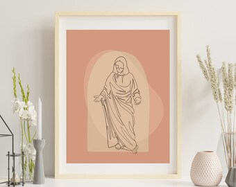 Jesus Line Art Salmon Tone Contemporary Catholic Decor, Minimal Wall Art, Son of God Decor, Our Lady Abstract Digital Download, Catholic Art