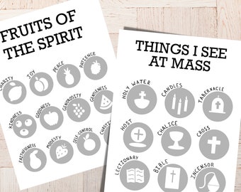 Catholic Kids Mass Quiet Book Activities for Mass Homeschool worksheets Catholic kids activity Things I See At Mass and Fruits of the Spirit