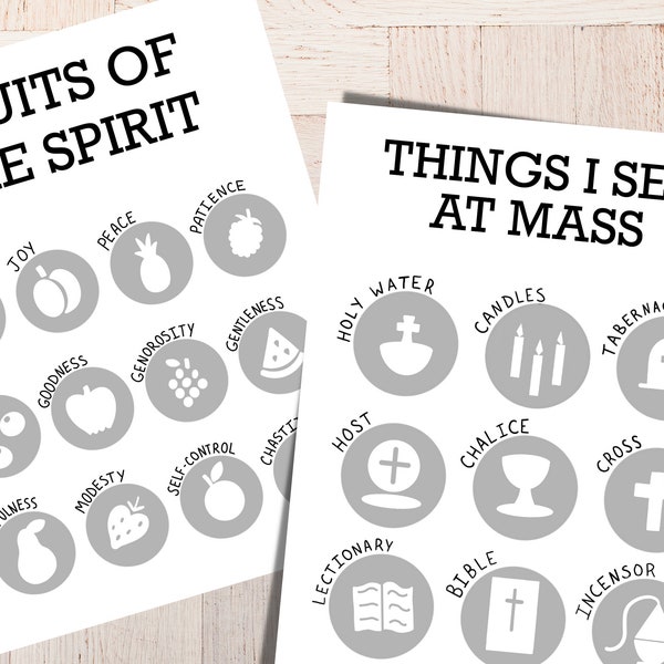 Catholic Kids Mass Quiet Book Activities for Mass Homeschool worksheets Catholic kids activity Things I See At Mass and Fruits of the Spirit