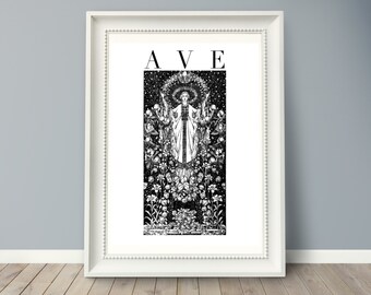 AVE Digital Download, Mary Mother of God Art, Vintage Catholic Decor, Farmhouse Catholic Wall Art, Ave Maria, Assumption of Virgin Mary Rose