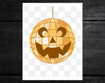 Disco Halloween Digital Prints | Spooky Disco Ball Gold | Retro Jack-O'-Lantern Art | Printable Halloween Wall Decor | Pumpkin Disco Ball
