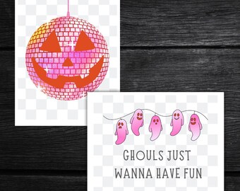 Disco Halloween Digital Prints | Retro Jack-O'-Lantern Art | Printable Halloween Wall Decor | Pink and Orange Halloween Decorations | Ghosts