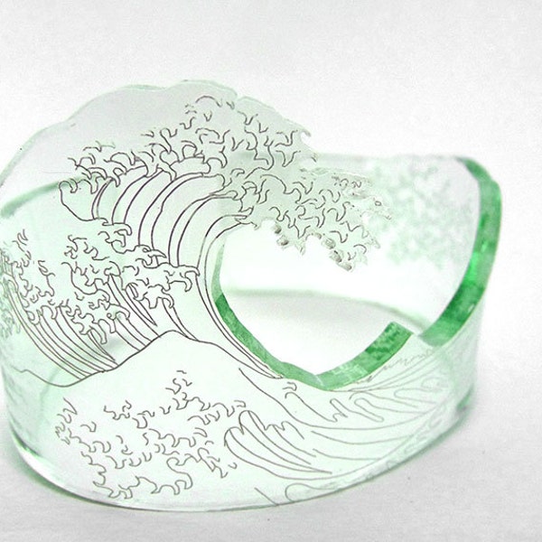 Customizable Kanagawa wave acrylic bangle. Hand bent and available in white, black, blue and glass.