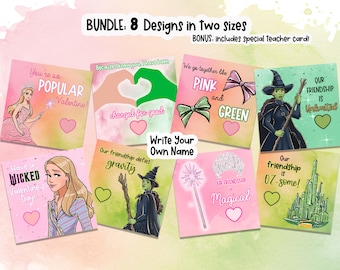 May include: A bundle of eight Valentine's Day card designs in two sizes. The cards feature illustrations of characters and quotes from popular stories, with pink, green, and white color schemes. Text includes "You're so POPULAR Valentine!" and "Have a WICKED Valentine's Day!"