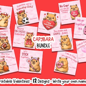 May include: A collection of twelve printable Valentine's Day cards featuring cartoon capybaras in various poses. Each card has a unique message, such as "You're a Home Run, Valentine!" and "Be Mine."