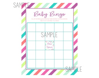 Bright Stripes Girl Colors Baby Bingo Baby Shower Game (teal, coral, magenta, purple, green) Print at Home