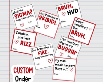 CUSTOM BRUH! These Skibidi Printable Valentine Cards are Bussin': 8 designs- classroom Valentines for boys -(Personalized)