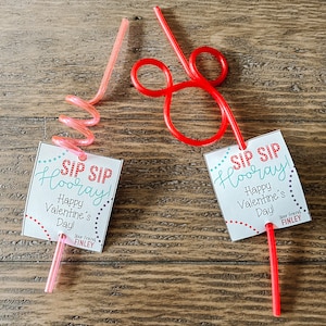 CUSTOM Crazy Straw Sip Sip Hooray Digital Printable Valentine Tags mit Name (personalisiert)