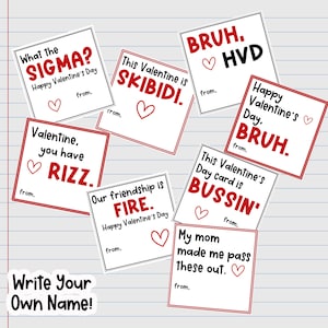 BRUH! These Skibidi Printable Valentine Cards are Bussin': 8 designs- classroom Valentines for boys -Not Personalized (Write Your Own Name)