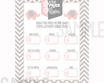 Gray and Pink Elephant The Price Is Right inspired Baby Shower Game- Print at Home