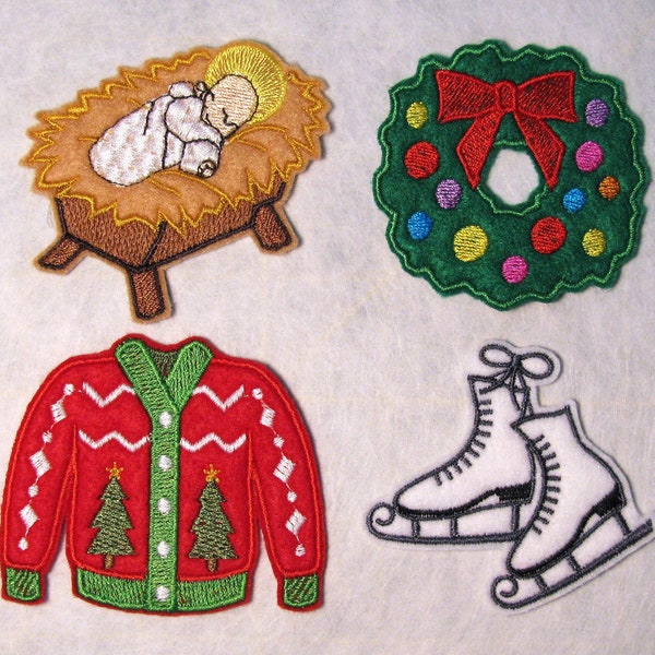 Christmas Patch - Set #4 - Baby Jesus in Manger, Holiday Sweater, Green Wreath, Ice Skates - Embroidered Felt Sew or Glue On Craft Applique