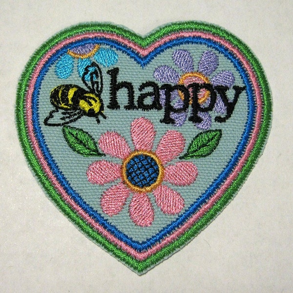 Be Happy Patch - Embroidered Iron-On Patch - Small Heart, Flowers, Bee Patch - Bee Happy Patch - Accessories - Jeans Patch