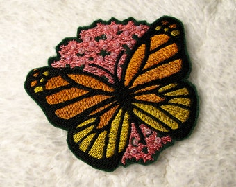 Monarch Butterfly Patch - Embroidered Monarch on Pink Milkweed Iron-On Patch - Womens Accessory - Beaded Milkweed - Butterfly Patch