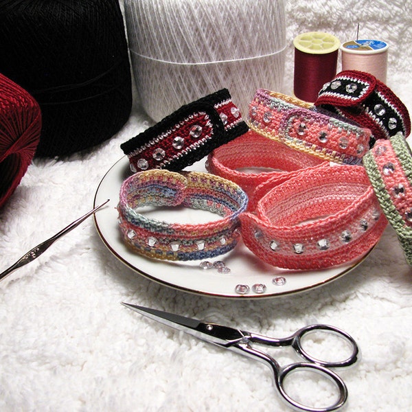 Crocheted Bracelet Pattern PDF - Digital Download - Crochet Women's Bracelet with Acrylic Jewels, Snap Closure - Digital Crochet Pattern
