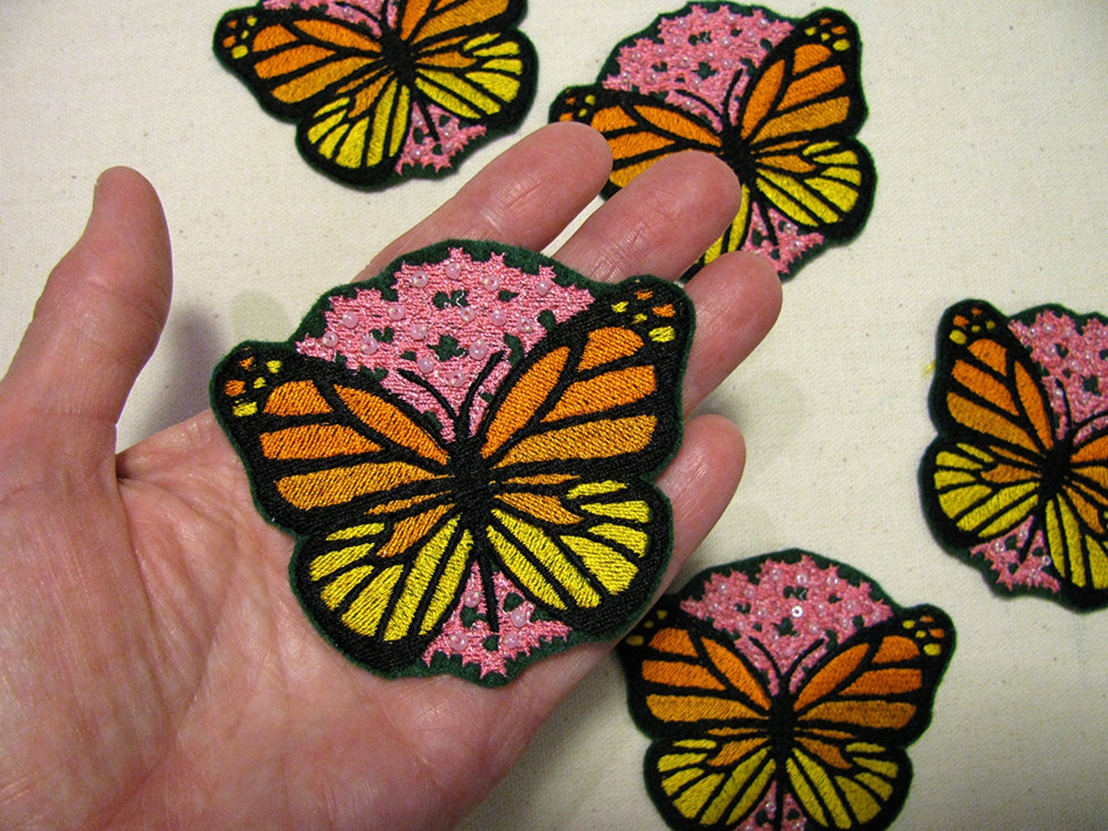 Hermosala Pink Red Sage Embroidered Monarch Butterfly 3 x 2 Iron On Patch