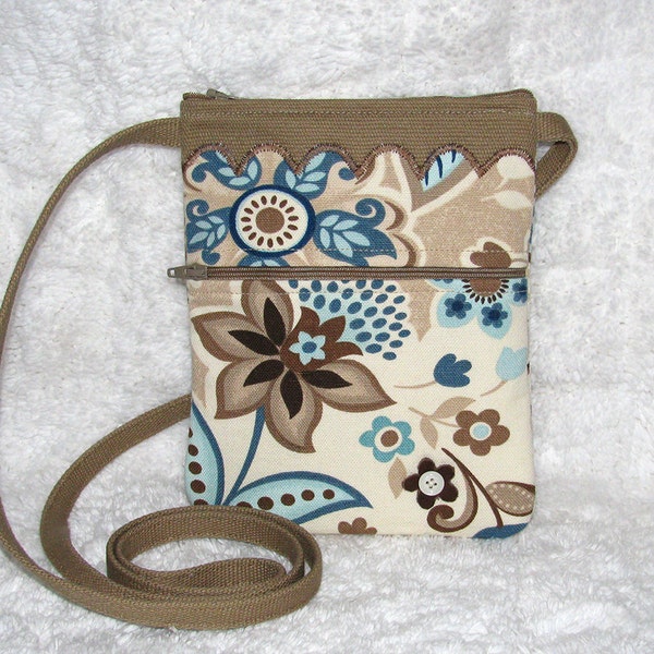Small Purse Cross Body Flower Print Home Décor Fabric, Linen Strap - Womens Shoulder Bag - Brown, Oatmeal, Eggshell, Turquoise, Country Blue