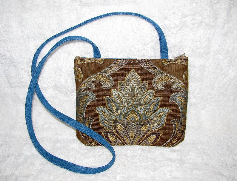 Small Purse Long Strap Gold Brown Blue Home Décor Fabric Etsy