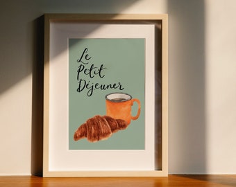 Le petit déjeuner French breakfast wall art print, croissant and coffee fun kitchen decor