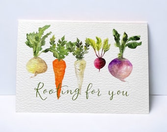 Rooting for you card, encouragement support, you got this, you can do it card, watercolour root vegetables gardening veggie pun